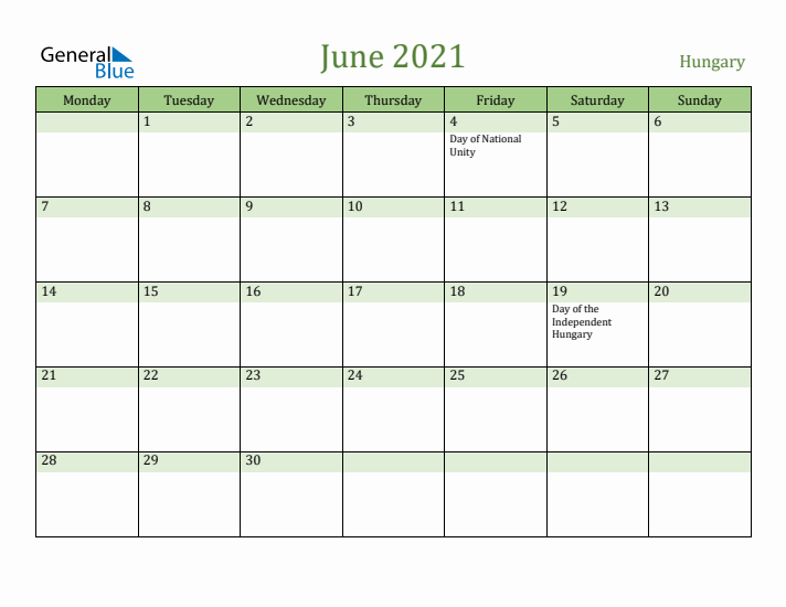 June 2021 Calendar with Hungary Holidays