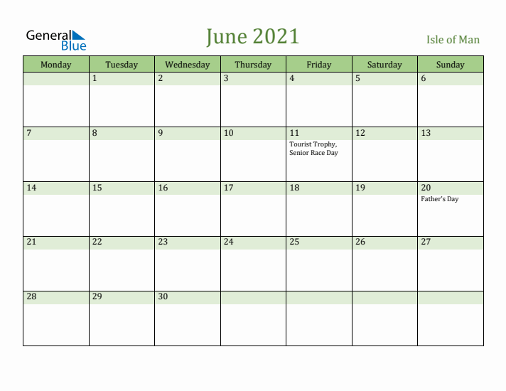 June 2021 Calendar with Isle of Man Holidays