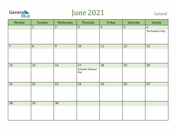 June 2021 Calendar with Iceland Holidays