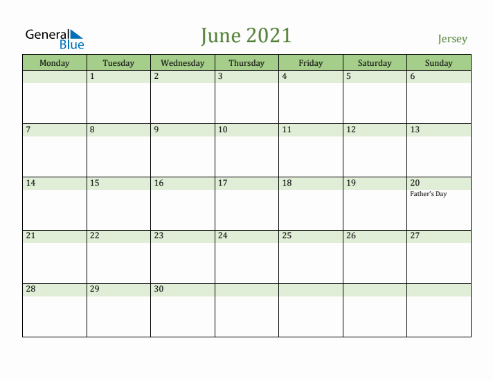 June 2021 Calendar with Jersey Holidays