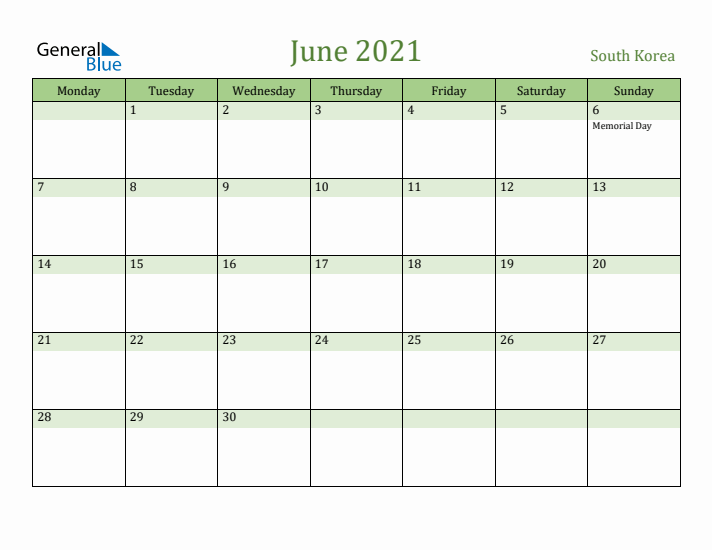 June 2021 Calendar with South Korea Holidays