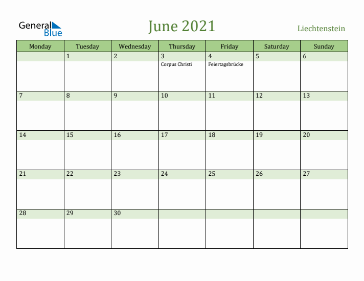 June 2021 Calendar with Liechtenstein Holidays