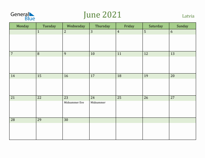 June 2021 Calendar with Latvia Holidays