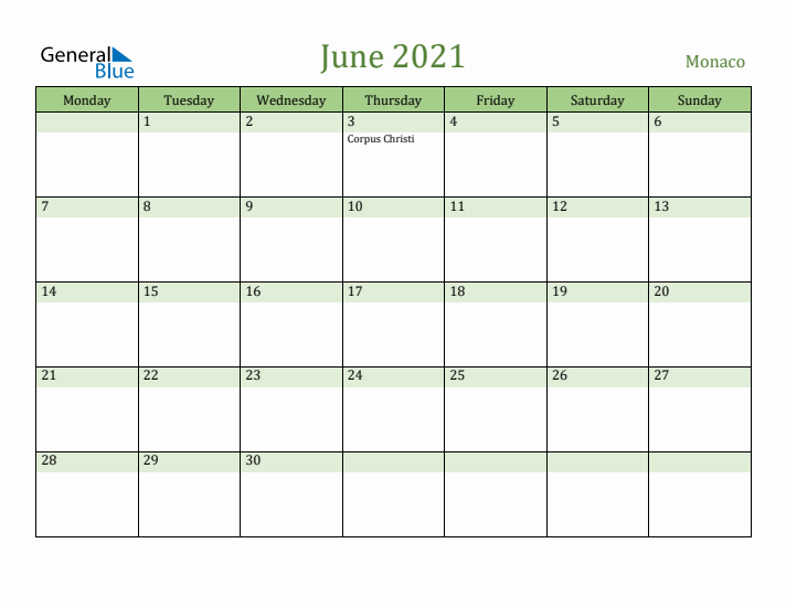 June 2021 Calendar with Monaco Holidays