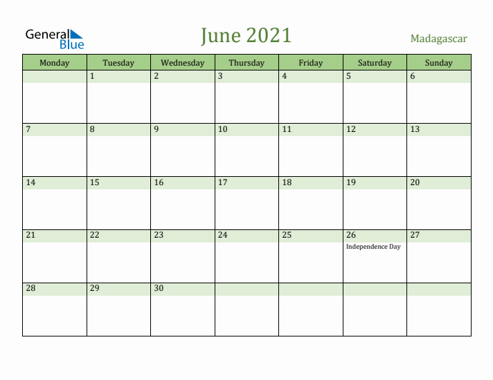 June 2021 Calendar with Madagascar Holidays
