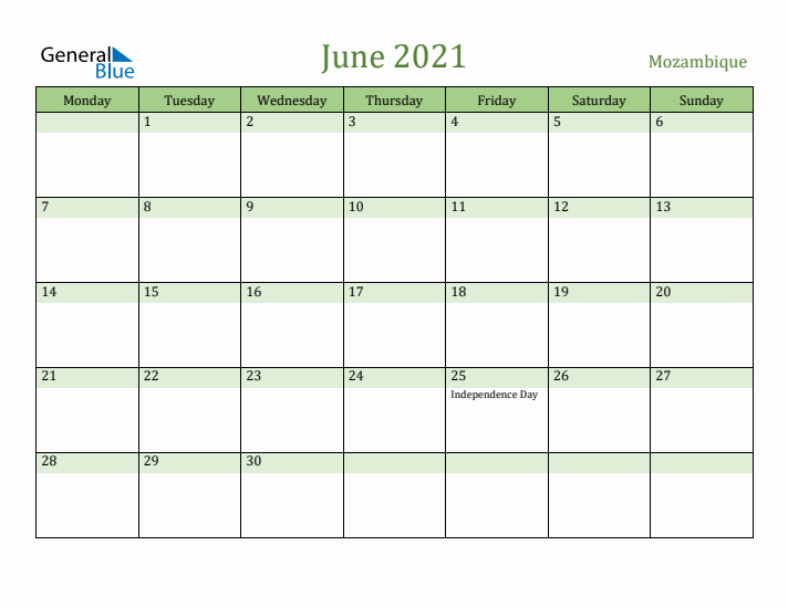 June 2021 Calendar with Mozambique Holidays