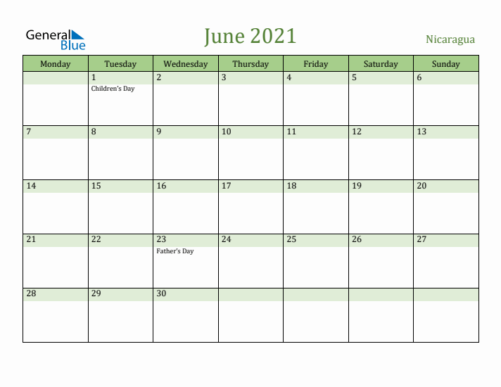 June 2021 Calendar with Nicaragua Holidays