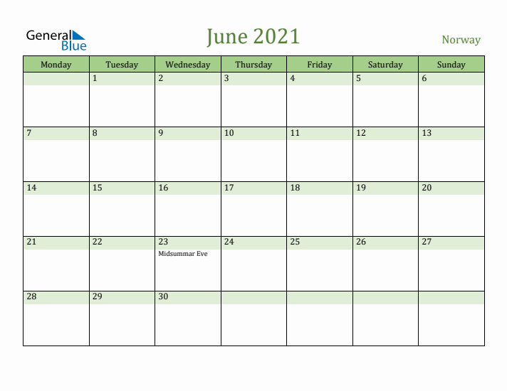 June 2021 Calendar with Norway Holidays