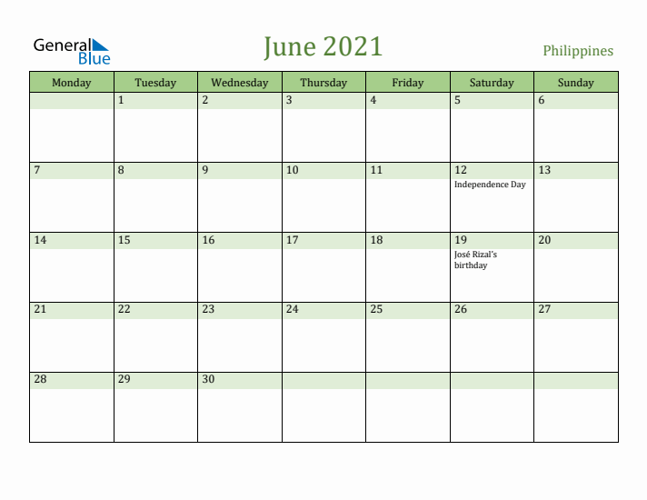 June 2021 Calendar with Philippines Holidays