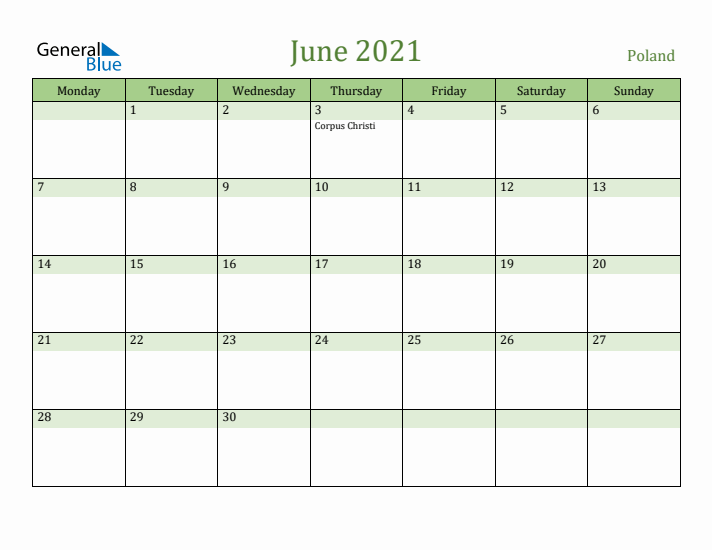 June 2021 Calendar with Poland Holidays