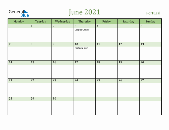June 2021 Calendar with Portugal Holidays