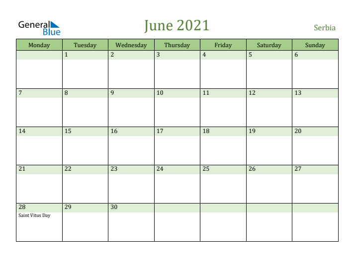 June 2021 Calendar with Serbia Holidays