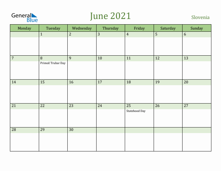 June 2021 Calendar with Slovenia Holidays