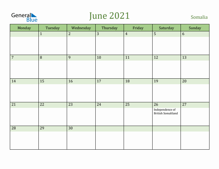 June 2021 Calendar with Somalia Holidays