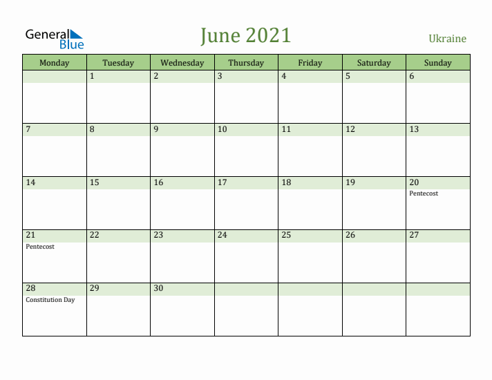 June 2021 Calendar with Ukraine Holidays