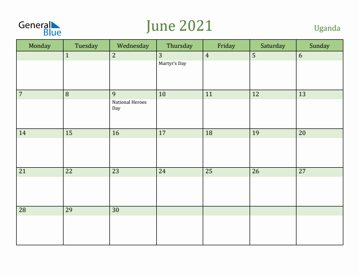 June 2021 Calendar with Uganda Holidays