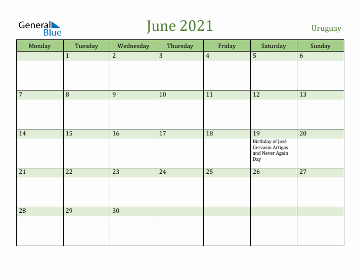 June 2021 Calendar with Uruguay Holidays