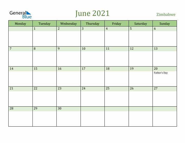 June 2021 Calendar with Zimbabwe Holidays