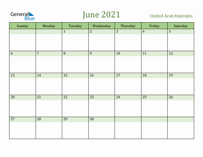 June 2021 Calendar with United Arab Emirates Holidays