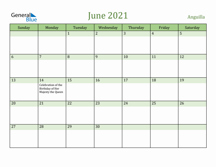 June 2021 Calendar with Anguilla Holidays