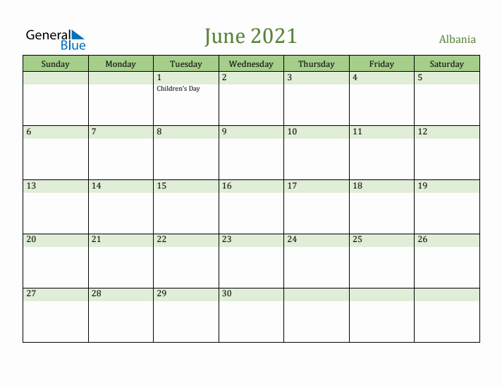 June 2021 Calendar with Albania Holidays