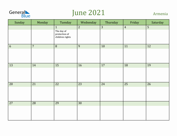 June 2021 Calendar with Armenia Holidays