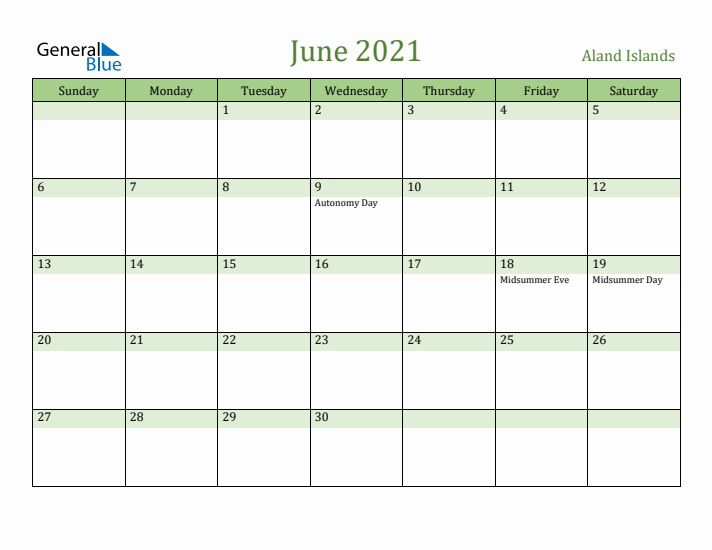 June 2021 Calendar with Aland Islands Holidays