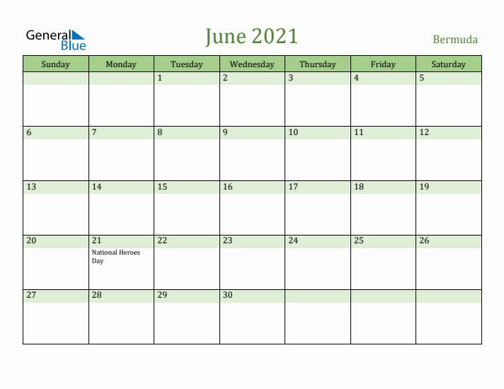 June 2021 Calendar with Bermuda Holidays