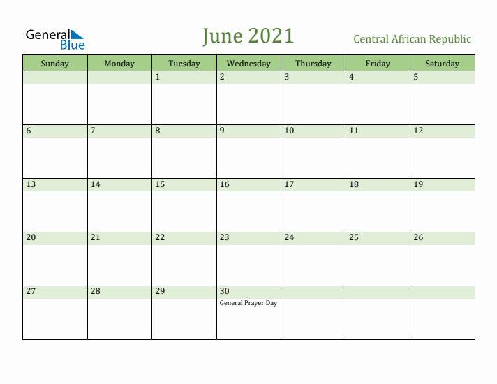 June 2021 Calendar with Central African Republic Holidays