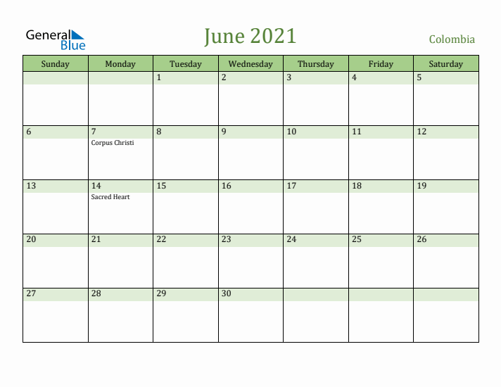 June 2021 Calendar with Colombia Holidays