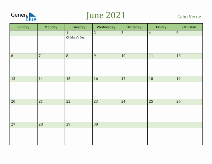 June 2021 Calendar with Cabo Verde Holidays