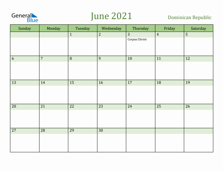 June 2021 Calendar with Dominican Republic Holidays