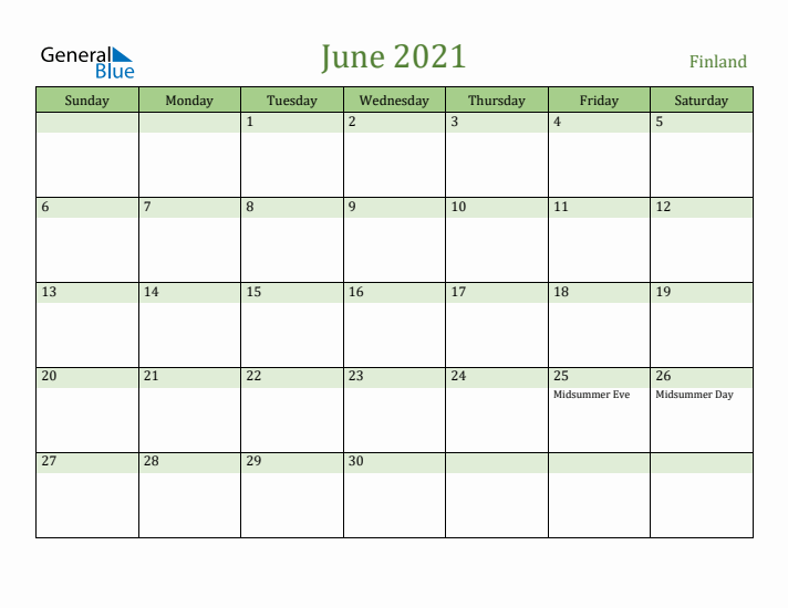 June 2021 Calendar with Finland Holidays