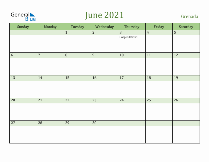 June 2021 Calendar with Grenada Holidays