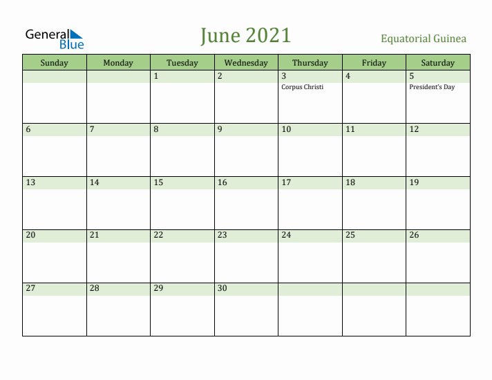 June 2021 Calendar with Equatorial Guinea Holidays