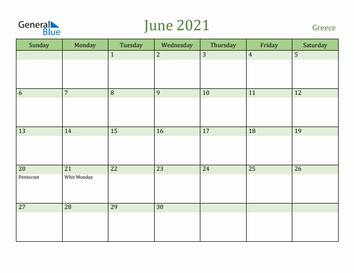 June 2021 Calendar with Greece Holidays