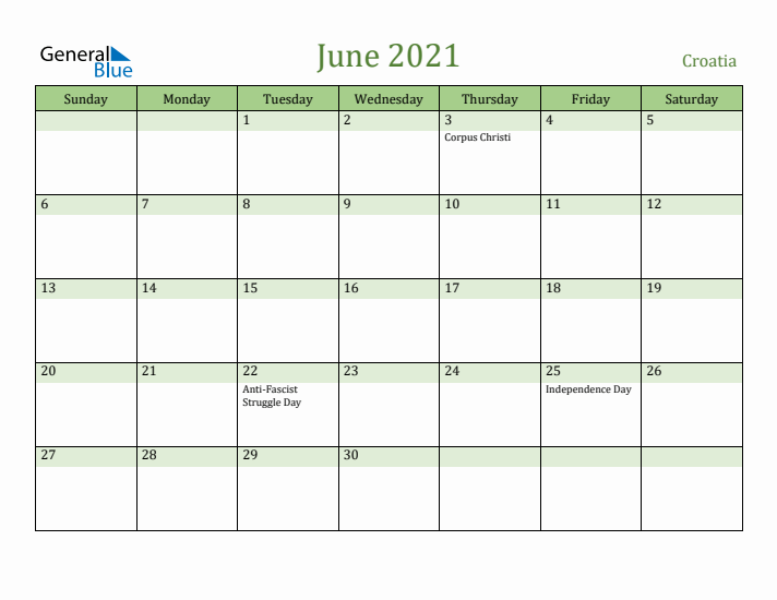 June 2021 Calendar with Croatia Holidays