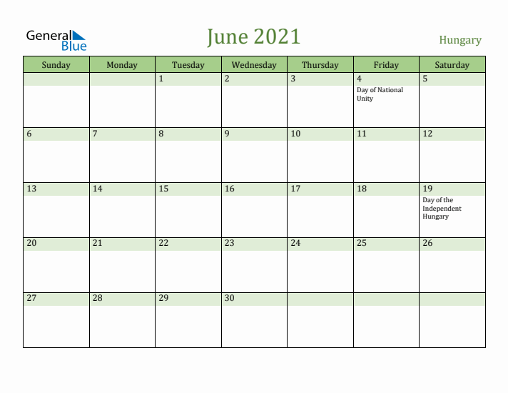 June 2021 Calendar with Hungary Holidays