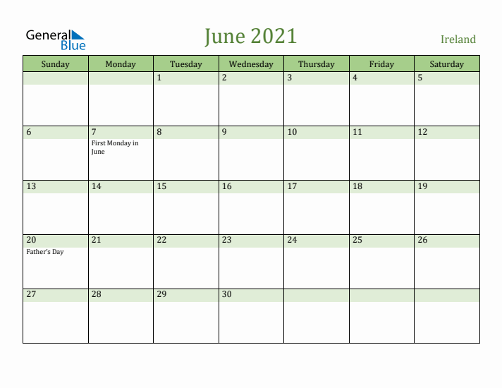 June 2021 Calendar with Ireland Holidays