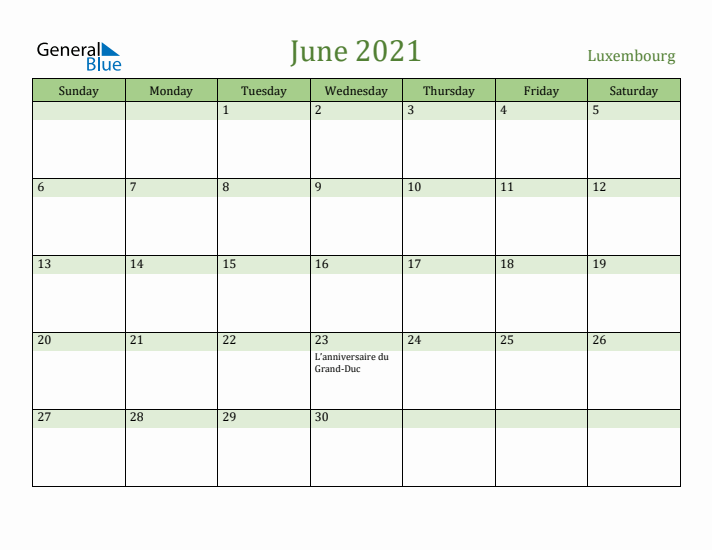 June 2021 Calendar with Luxembourg Holidays