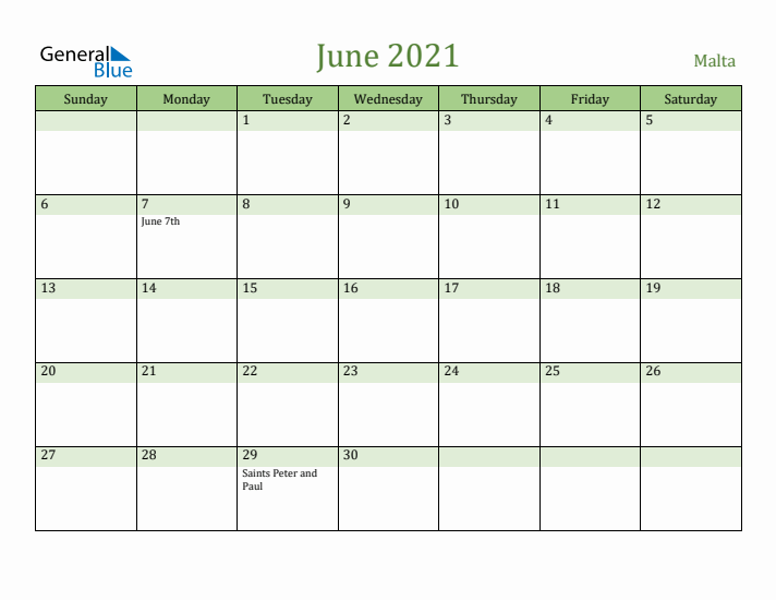 June 2021 Calendar with Malta Holidays