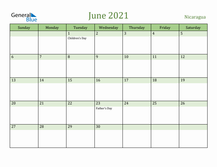 June 2021 Calendar with Nicaragua Holidays