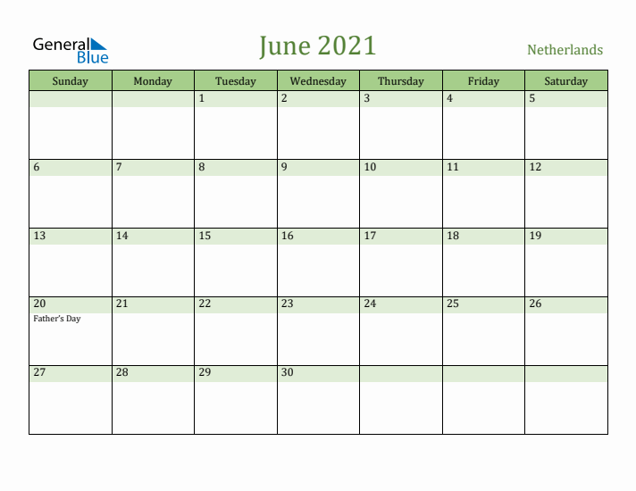 June 2021 Calendar with The Netherlands Holidays