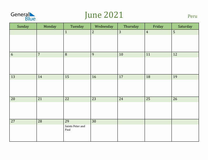 June 2021 Calendar with Peru Holidays