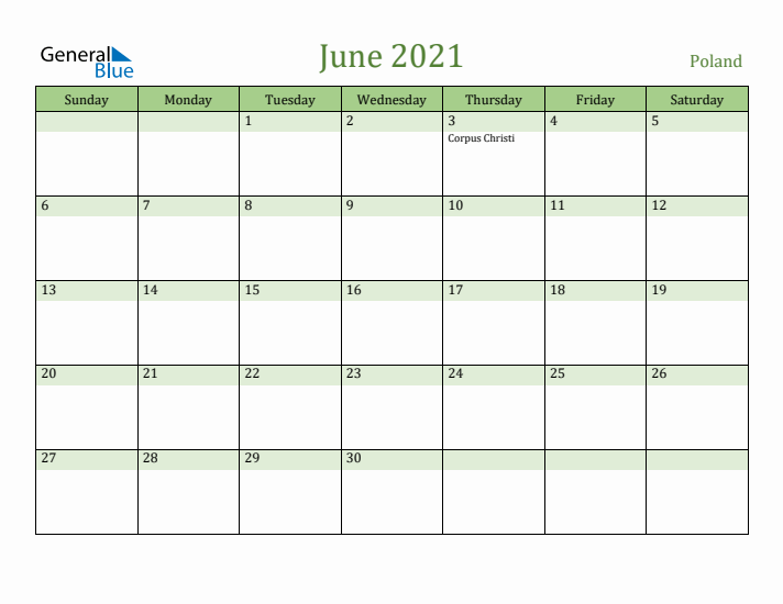 June 2021 Calendar with Poland Holidays