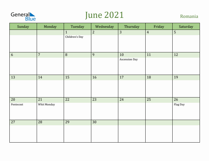 June 2021 Calendar with Romania Holidays