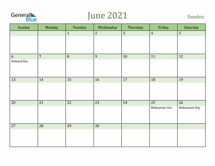 June 2021 Calendar with Sweden Holidays