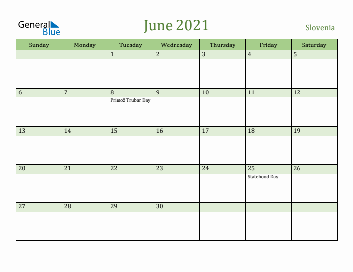 June 2021 Calendar with Slovenia Holidays