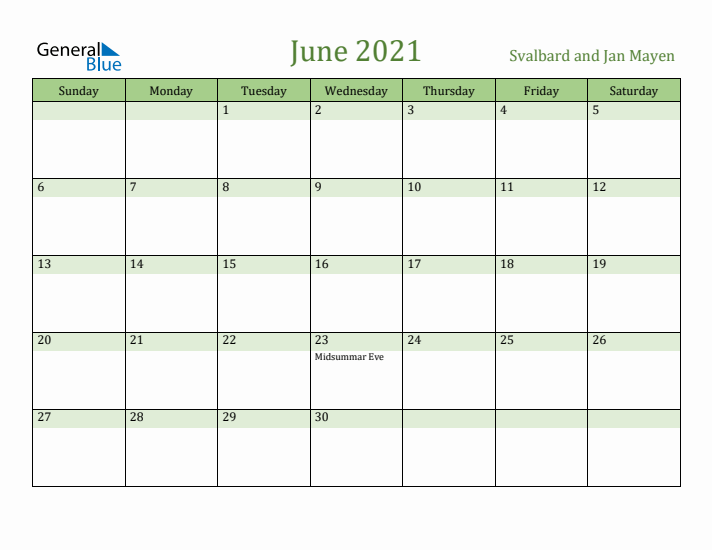 June 2021 Calendar with Svalbard and Jan Mayen Holidays