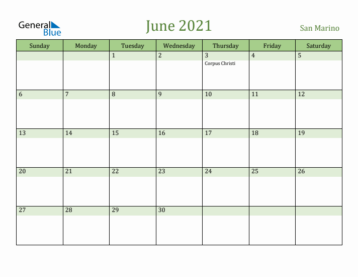 June 2021 Calendar with San Marino Holidays
